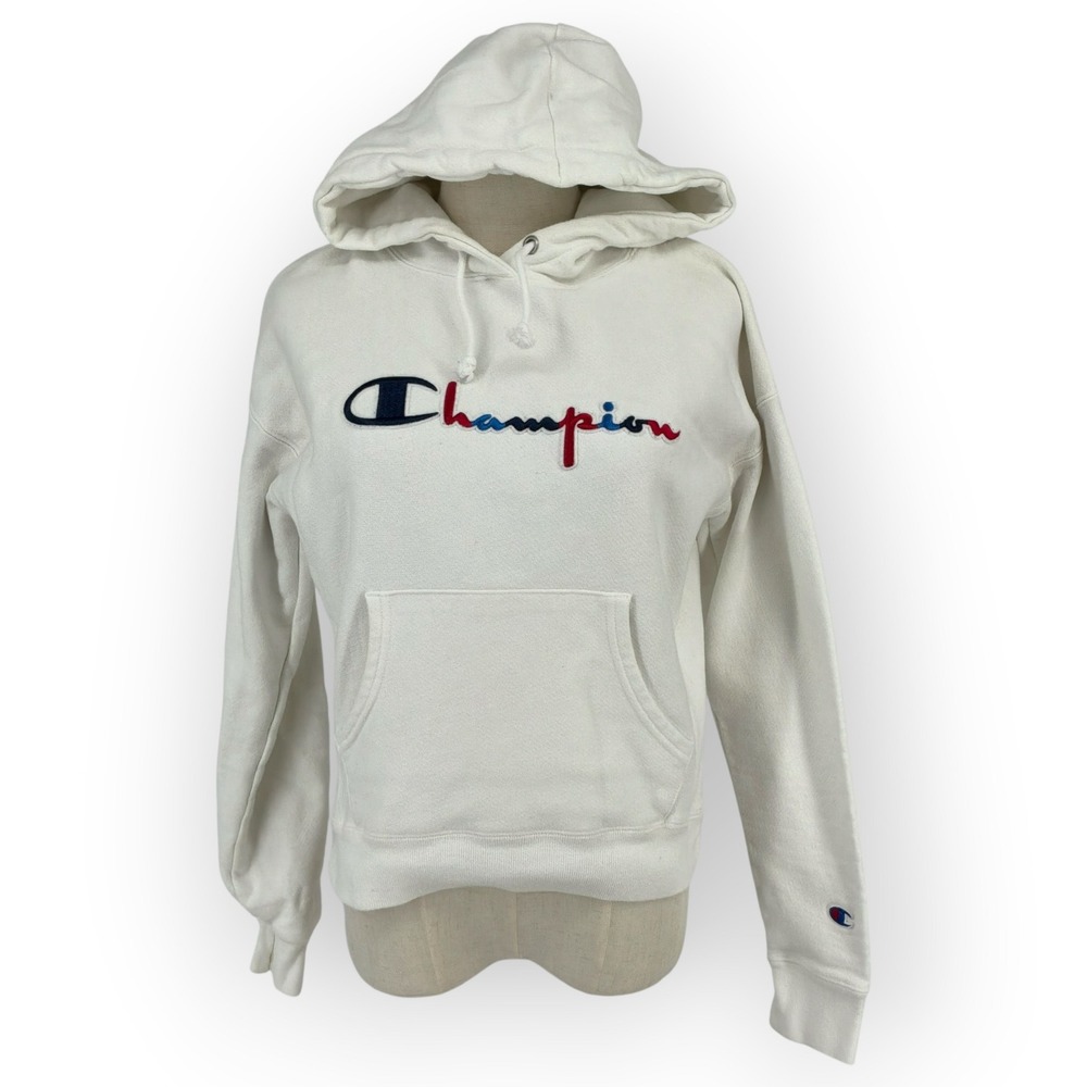 Champion Reverse Weave Hoodie White Multi Color Script Logo Small GF757